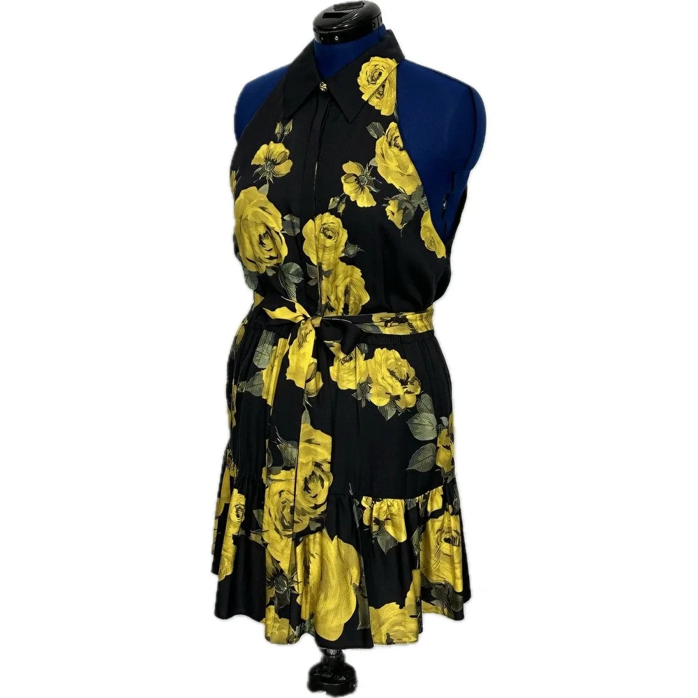 Alice‎ + Olivia Miranda floral tie-waist halter minidress 14 Black Yellow NWT